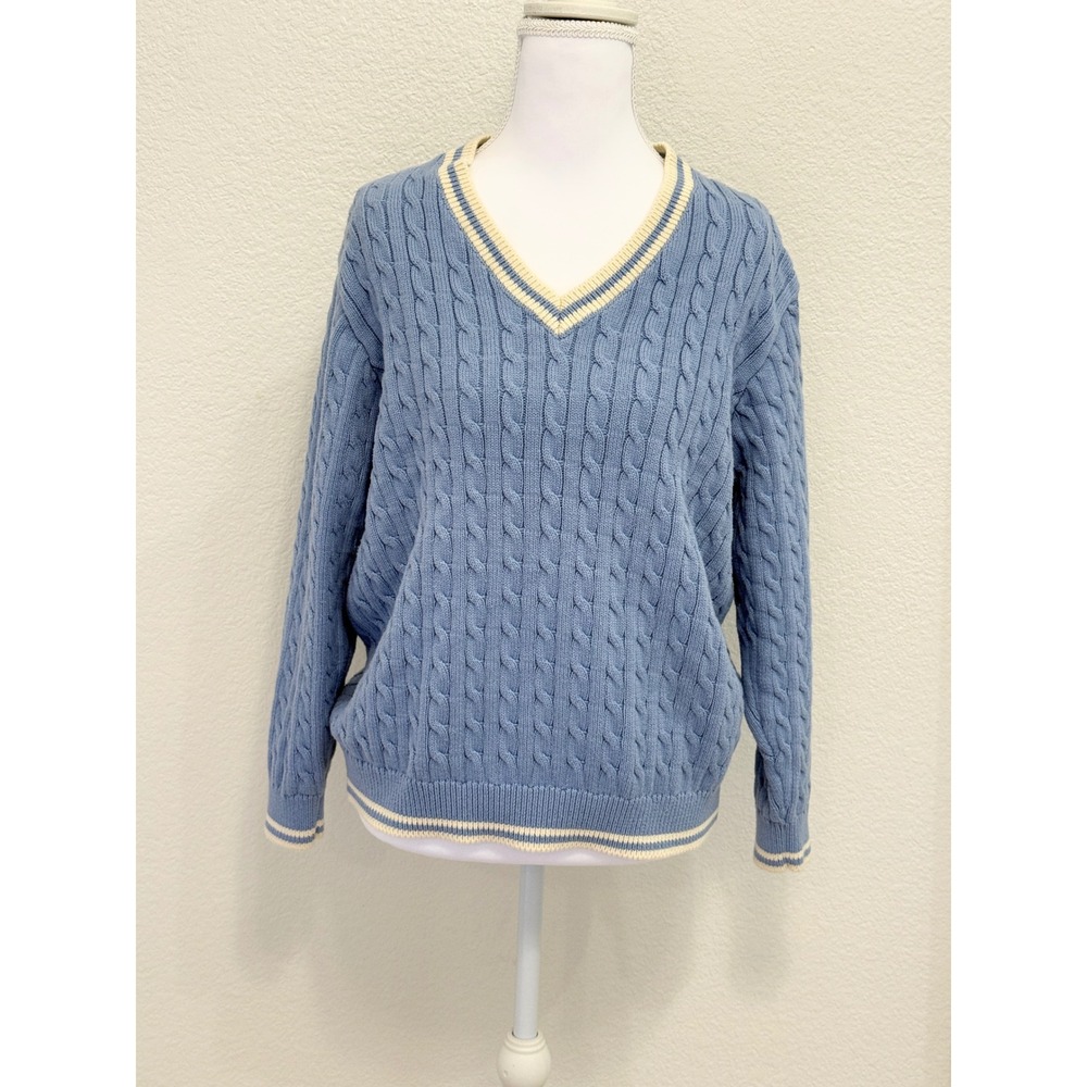 Brandy Melville John Galt Blue Cable Knit V-Neck Varsity Sweater One Size